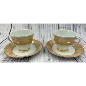 Espresso Cups And Saucers White And Peach Iridescent Floral - Two Sets